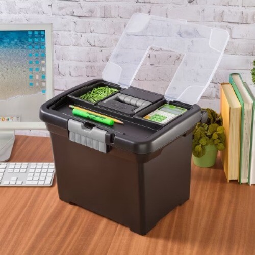 Medium Letter File Box Black: Plastic File Organizer with Handle Clear Cover