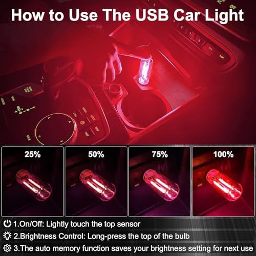 2 PCS Car USB Night Light Bulb, Touch Dimmable Car Interior Ambient red