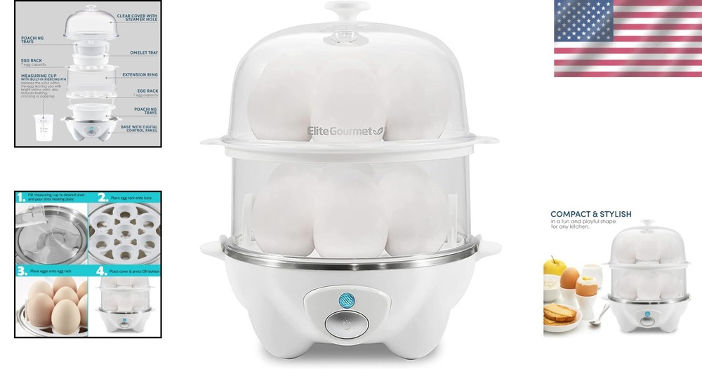 2-Tier Rapid Egg Cooker, 14-Egg Capacity with Buzzer & Auto Shut-Off, White