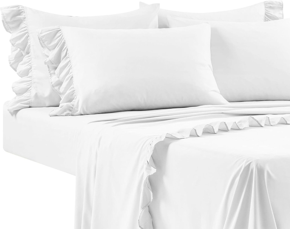 Reyna Ruffle Sheet Set 6 Piece Set Queen, White -Queen Sheets - White Bed Sheets