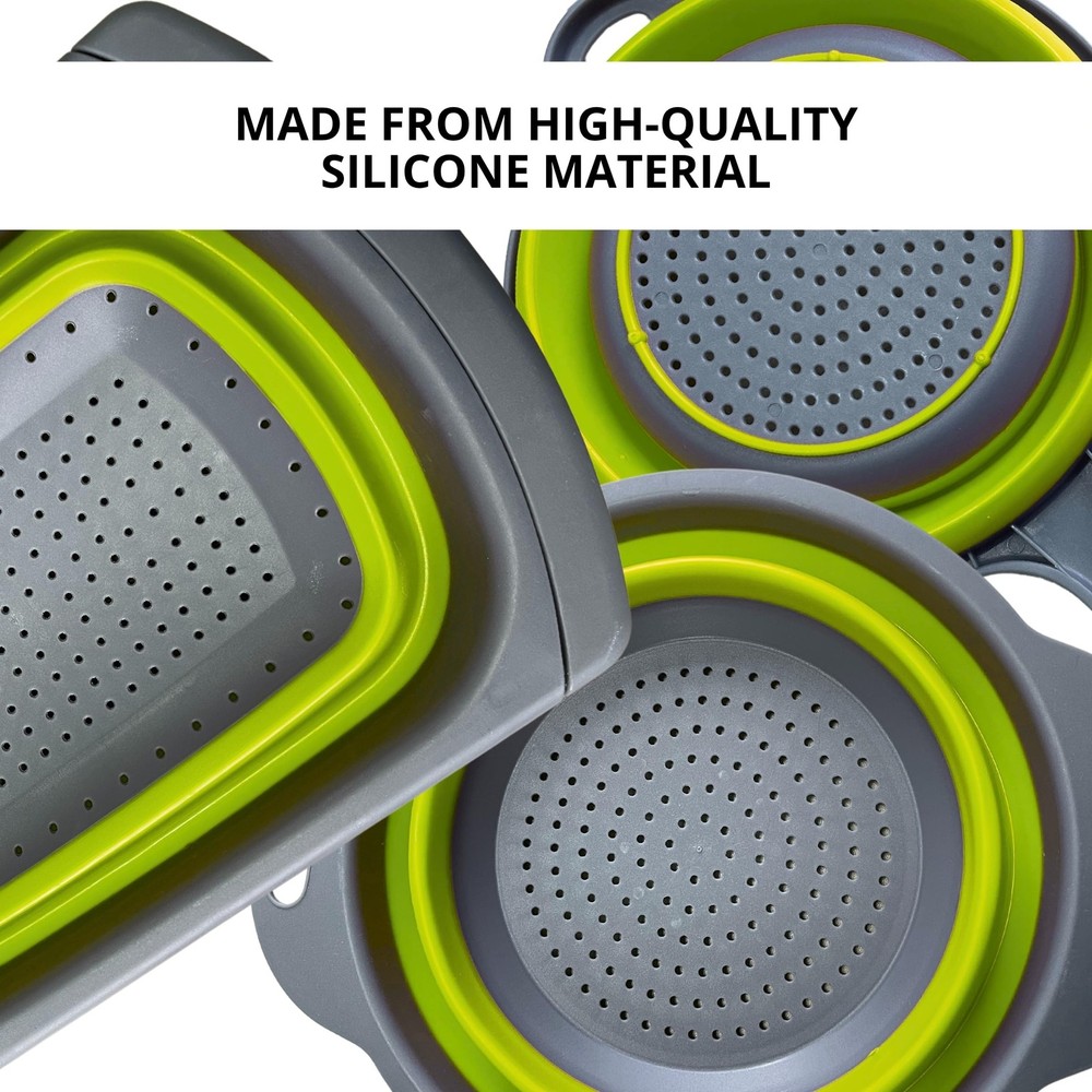 3PCS Green Foldable Kitchen Strainer Set – Silicone Colander Collapsible Stra...