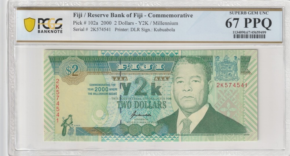 Fiji 2000 2 Dollars PCGS Certified Banknote UNC 67 PPQ Pick 102a