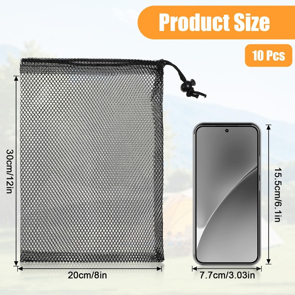 DOPENSPI 10PCS 8X12inch Mesh Drawstring Bag with Cord Lock Medium, Black