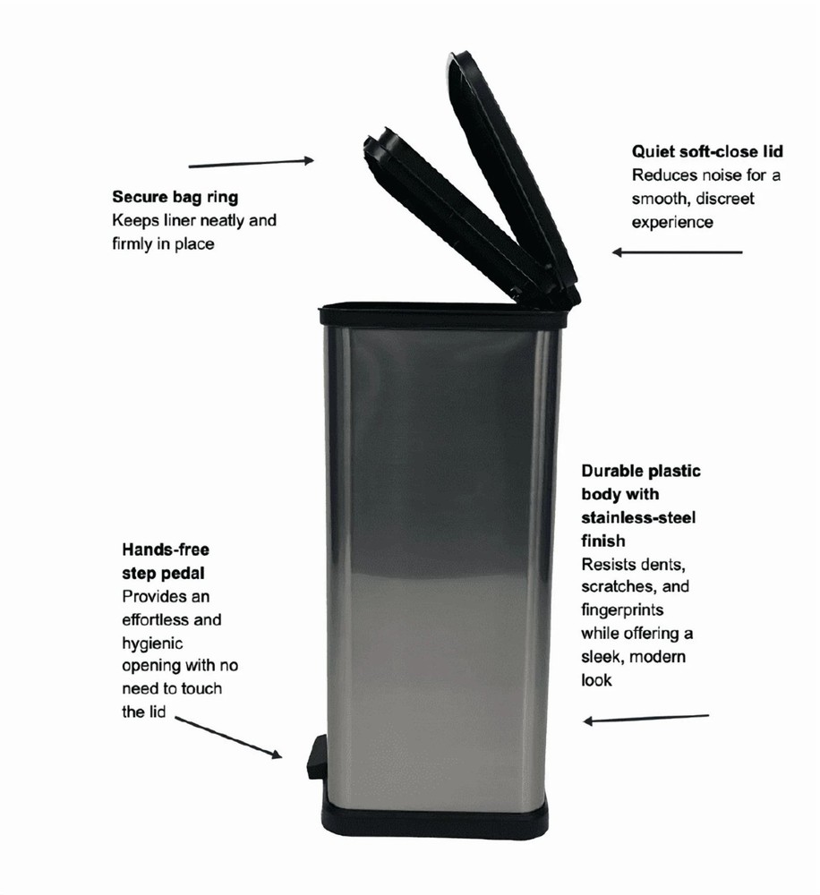 Mainstays Kitchen Trash Can, 13.2 Gallon Plastic Step Garbage Bin with Lid, Silv
