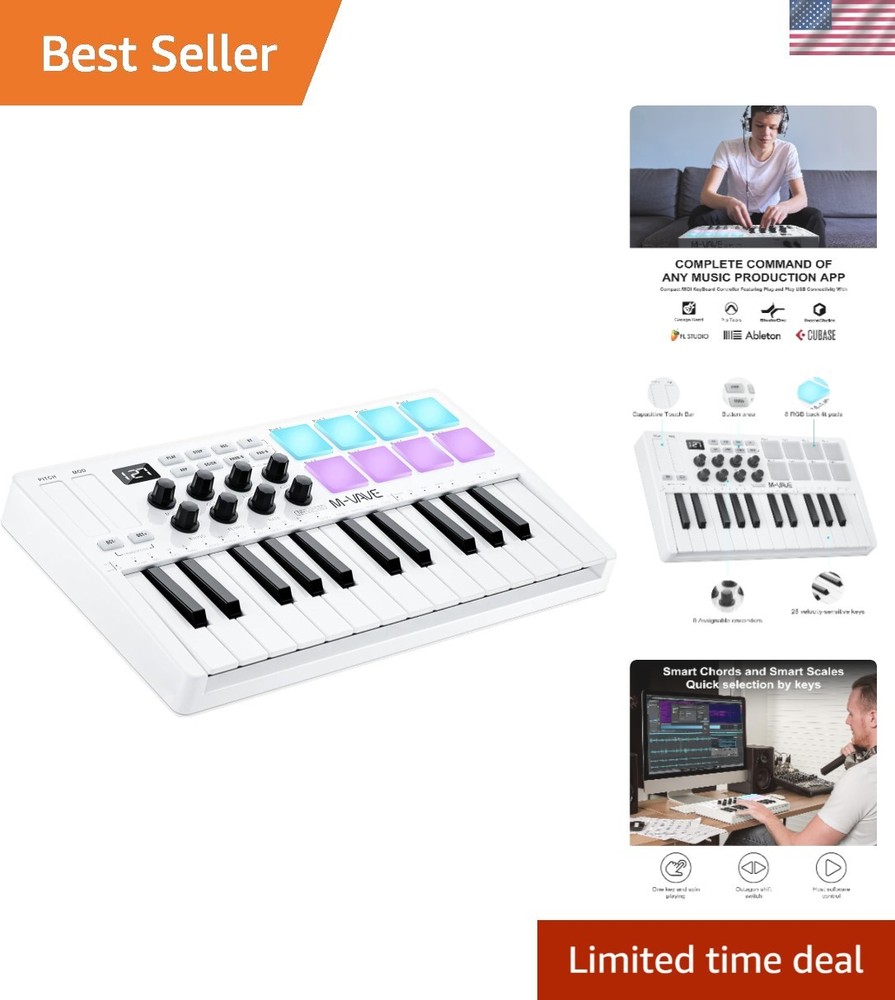 25 Key USB MIDI Keyboard Controller With 8 Backlit Drum Pads, Bluetooth Semi ...