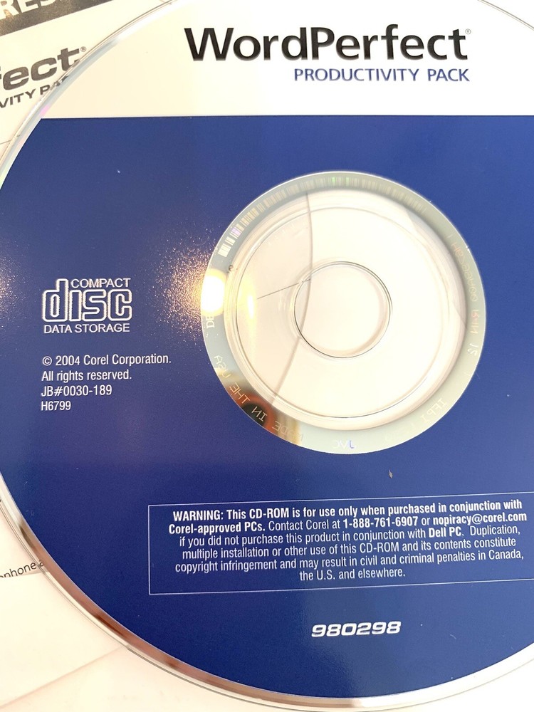 WordPerfect Productivity Pack CD Compact Disc 2004 980298 ROREL OEM Corel PCs