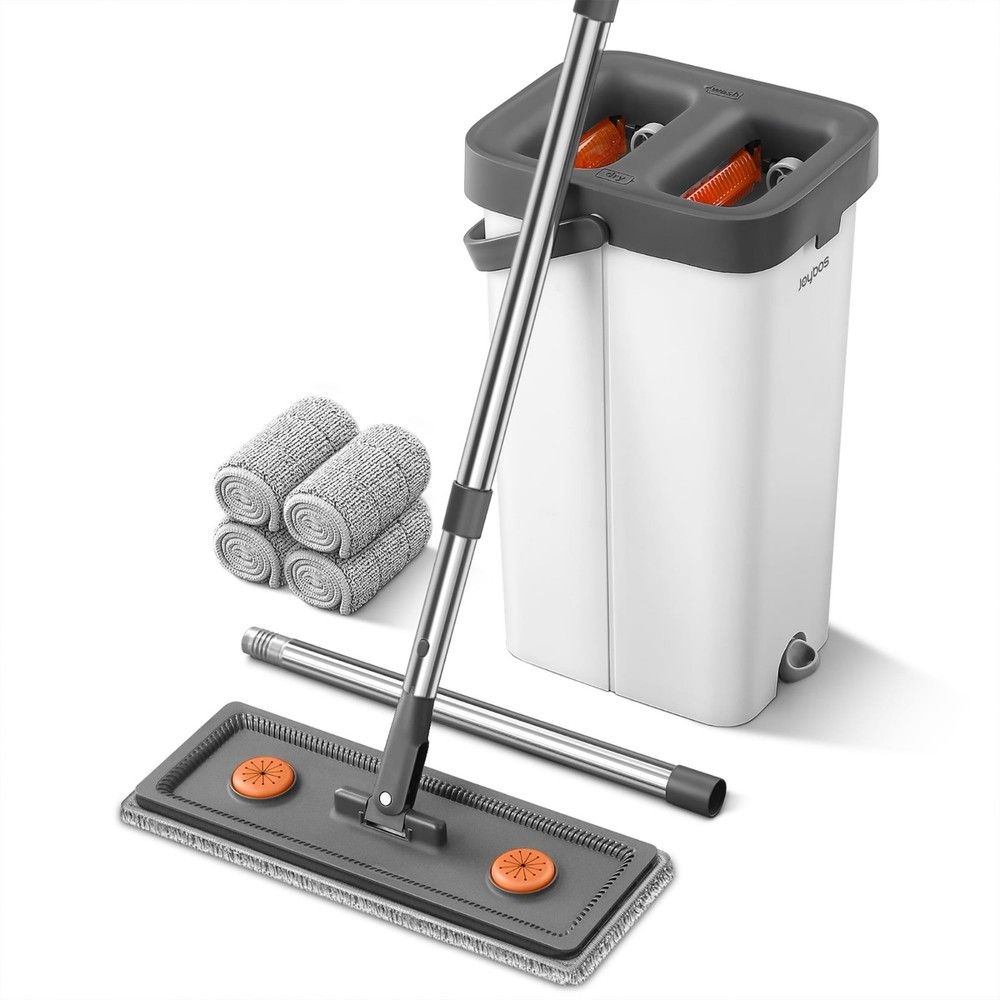 61" Flat Mop and Bucket System with 4 Microfiber Pads - Floor Wall Window Mop