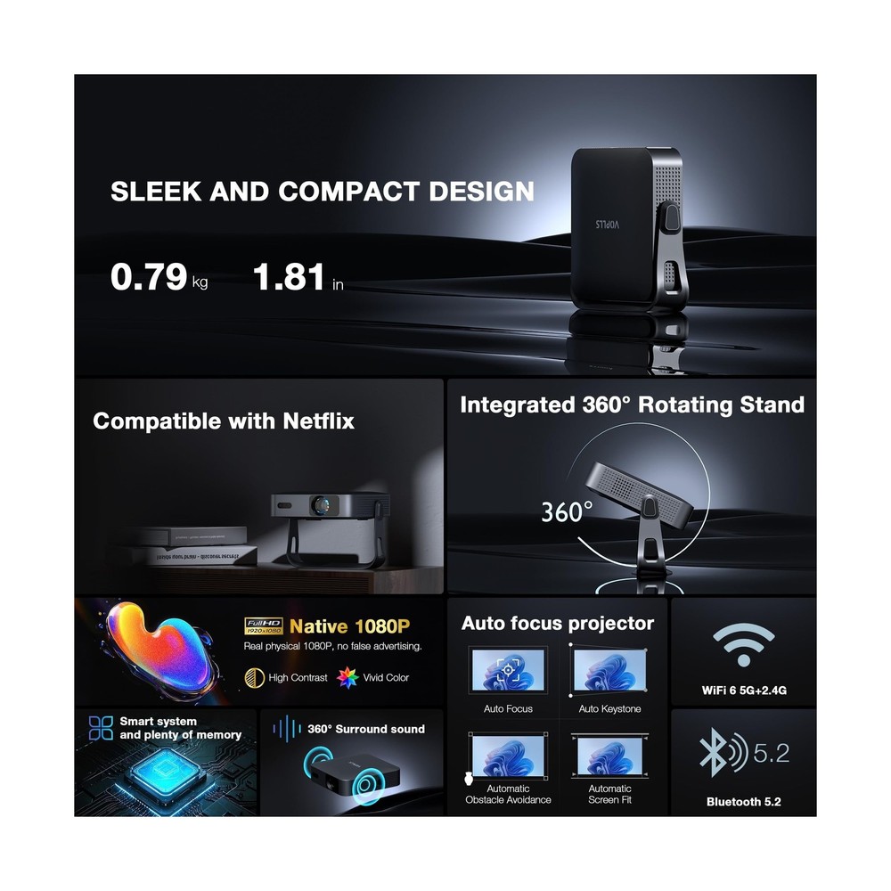 VOPLLS Q5 Mini Projector - 1080P, WiFi, Bluetooth 4K Support