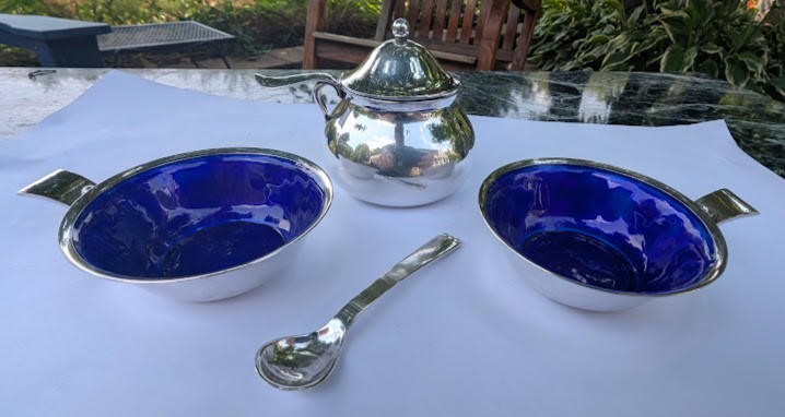 Enameled - Sterling Silver Rolf Bratland Open Salt 3pc set Denmark c1946