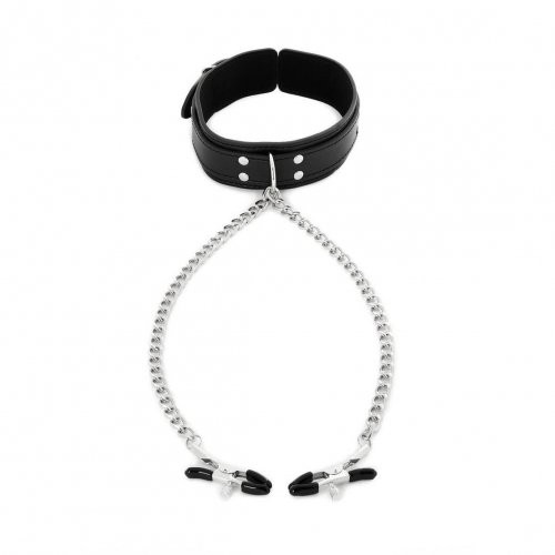 Sportsheets Collar with Nipple Clamps - Black/Silver