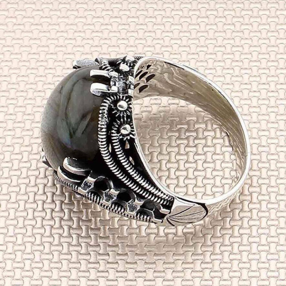 Solid 925 Sterling Silver Natural Labradorite Stone Men's Ring