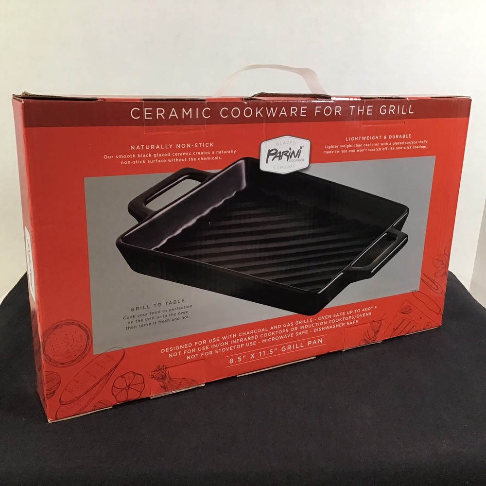 Parini Glazed Black Ceramic Grill Pan Cookware Rectangle 11.5" x 8.5" New in Box