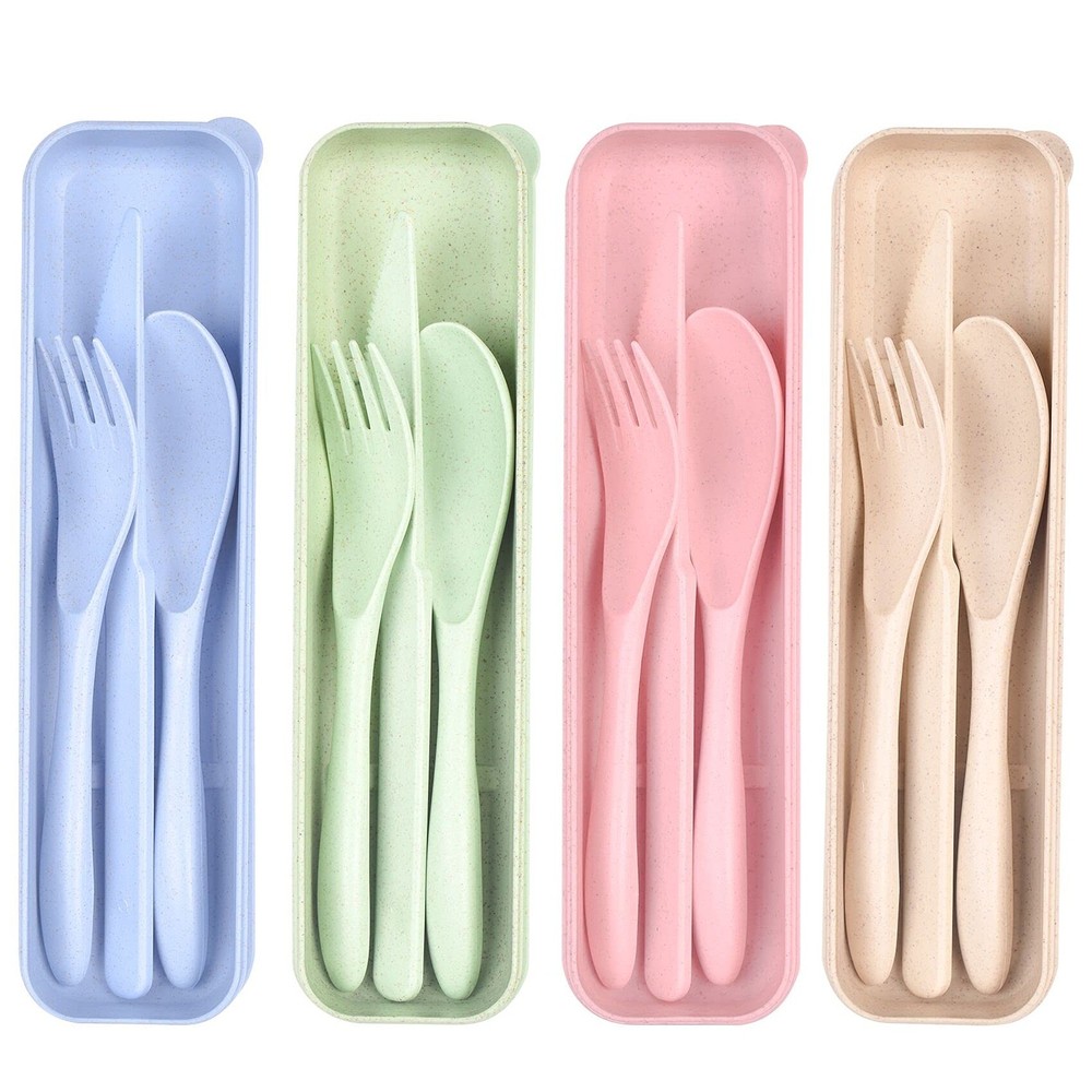 Travel Utensils Set with Case Wheat Straw Reusable Spoon Knife Forks Tableware