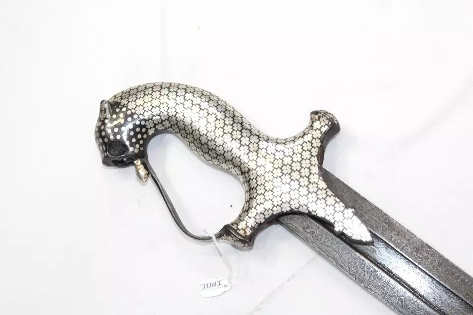 Sword Damascus Blade Silver Koftgari Wire Work Tiger Face Handle Sheath W 171