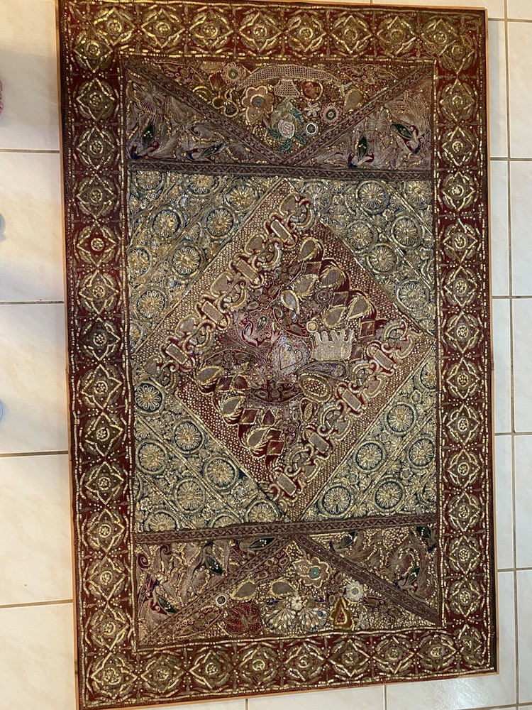 Antique Silver Thread Embroidery Wall Hanging Tapestry