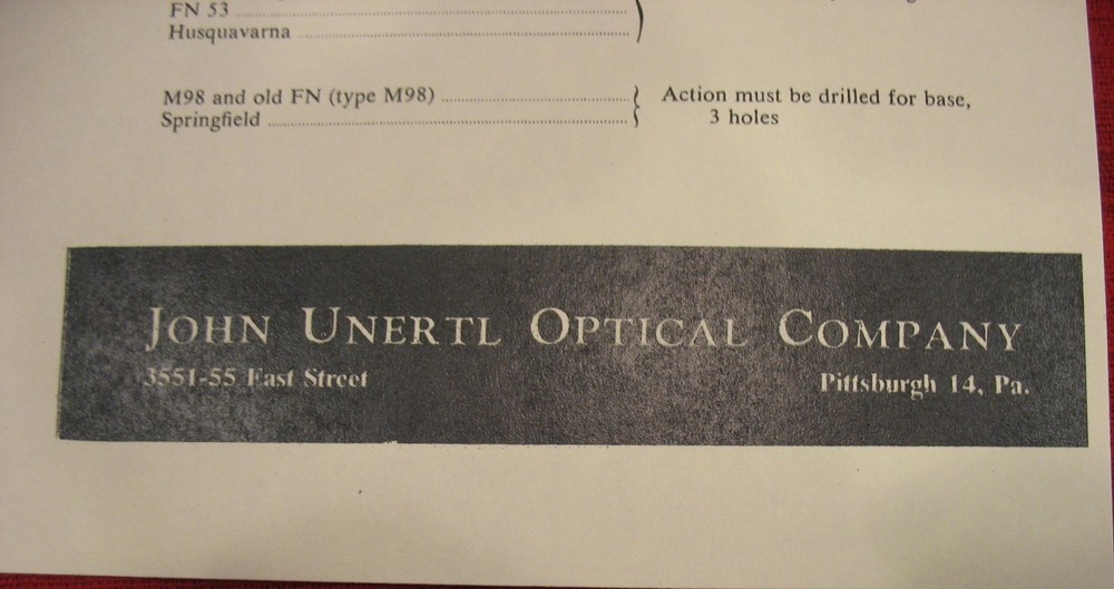 Unertl Scope Base Chart with Mounting Applications & Dimensions