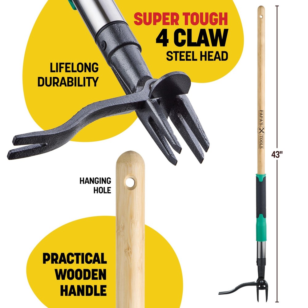 Papa's Tools Weed Puller Tool, 44" Stand Up Weeder Garden Tools & 4 Claw Stee...
