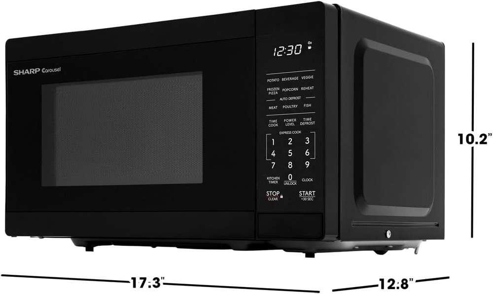 Compact Black Microwave Oven with Timer, Defrost, and 10" Carousel Turntable