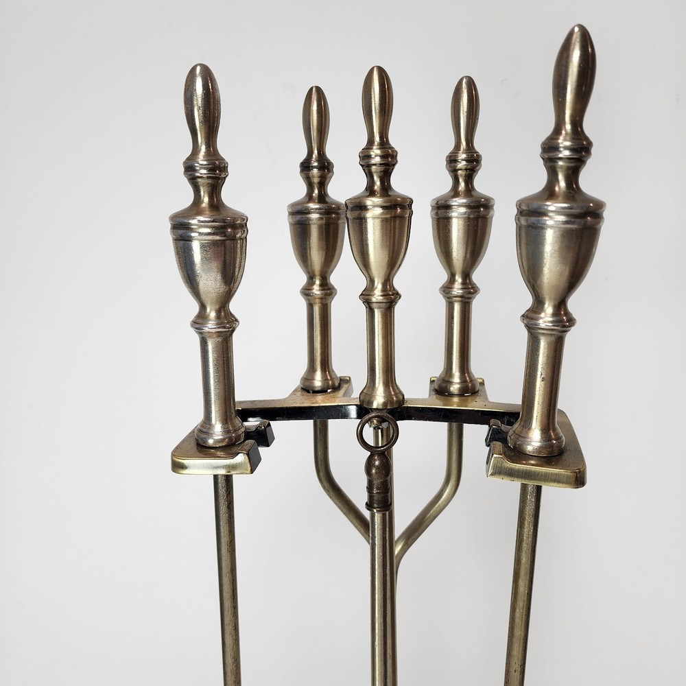 MCM 5 Piece Brass Plated Fireplace Tool Set With Stand Hearthware Decor