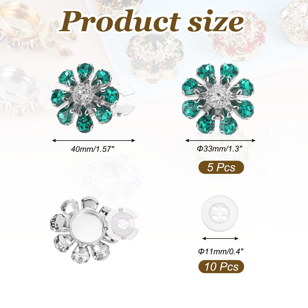 5 Pcs Rhinestone Button Covers, Water Drop Buttons, Green/Silver