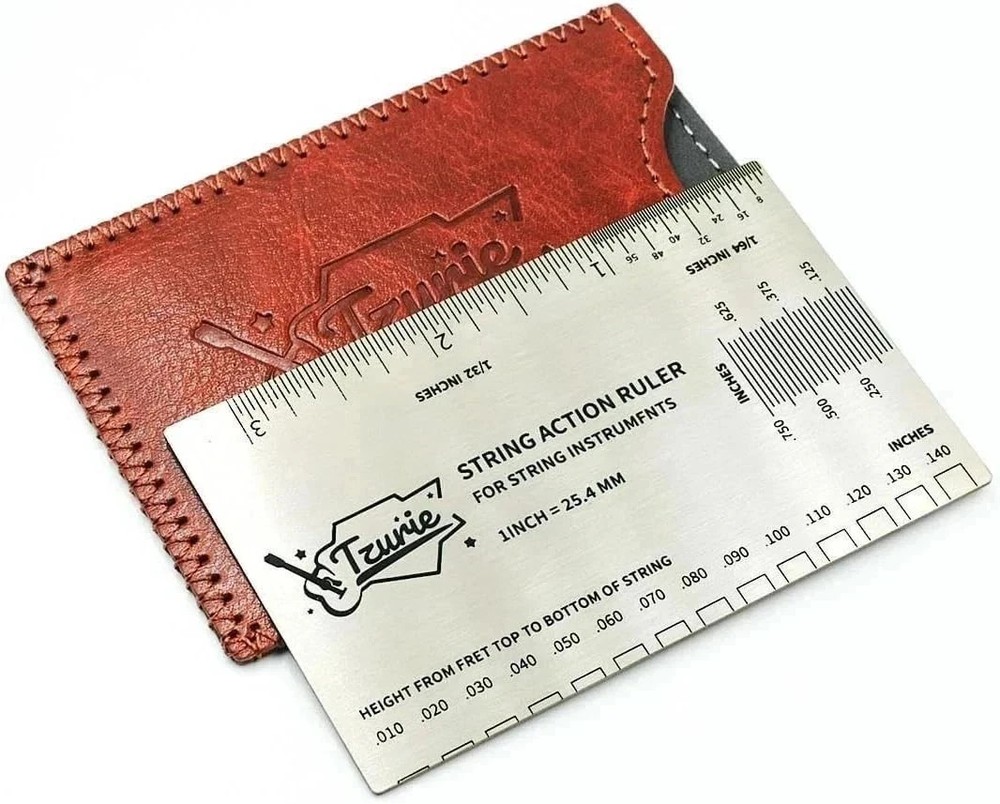Tzurie Guitar String Action Gauge, Medium, silver ruler with brown case