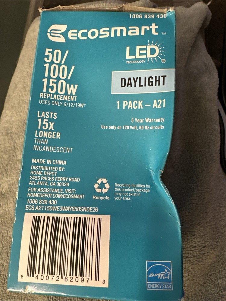 EcoSmart A21 Energy Star 3-Way LED Light Bulb Daylight FG-04257