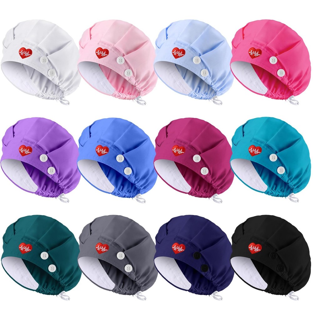 12 Pcs Bouffant Nurse Caps, Button, Sweatband, Adjustable Elastic Tie Back Hat