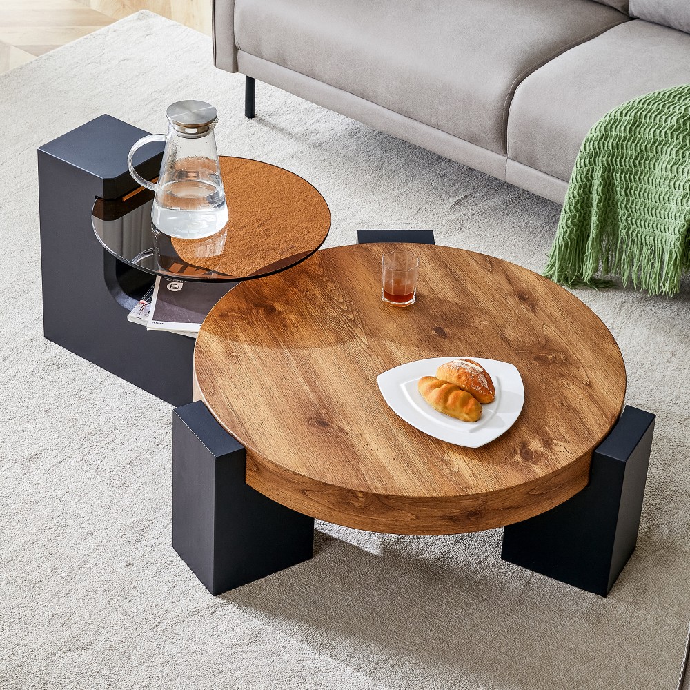 Detachable Double-Decker MDF Coffee Table, Black & Wood, 30” Wide, Easy Assembly