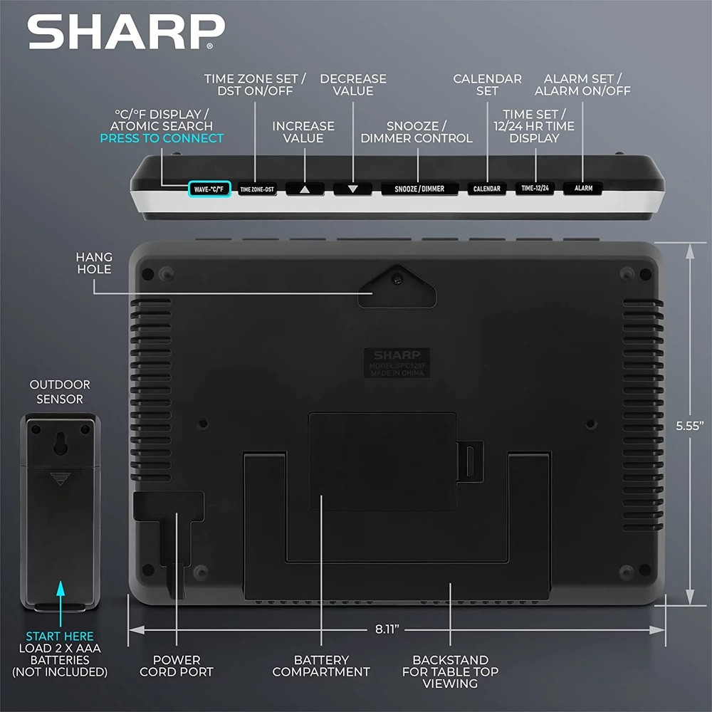 SHARP Atomic Weather Station Wireless Technology, 5-Function, w/ Outdoor Sensor