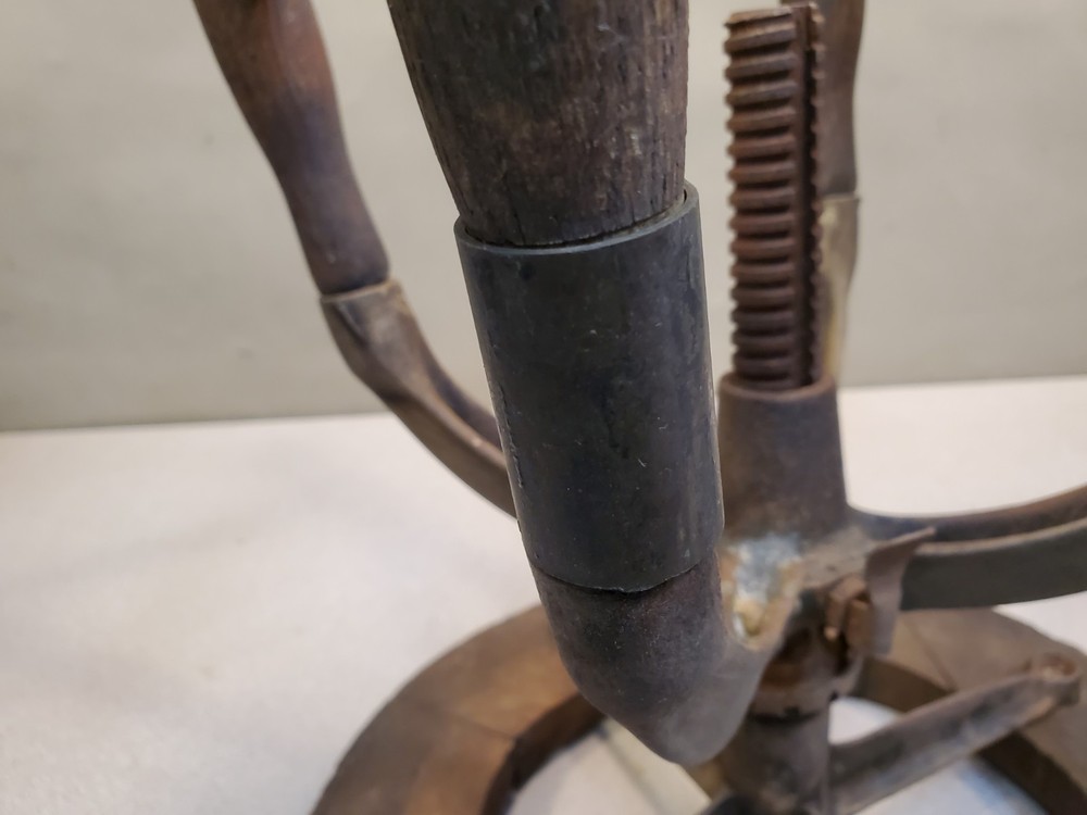 Antique Oak / Cast Iron Screw Jack Drafting Stool, Industrial, Needs Seat Caning