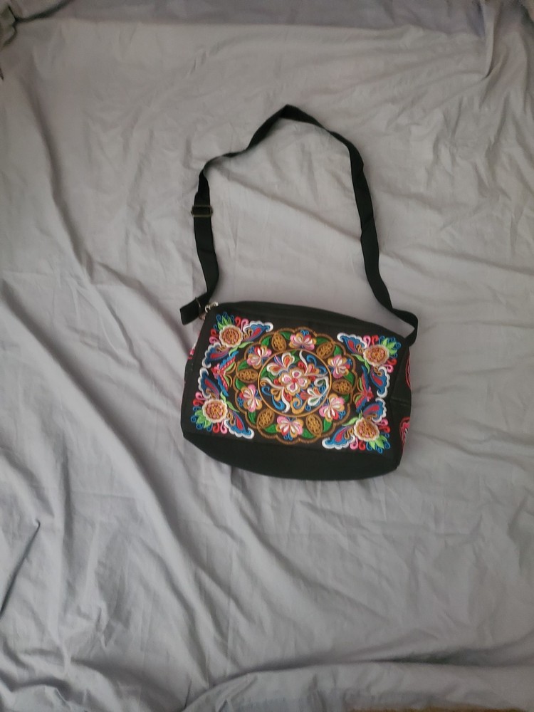 Embroidered Floral Black Shoulder Bag Adjustable Strap Multiple Compartments