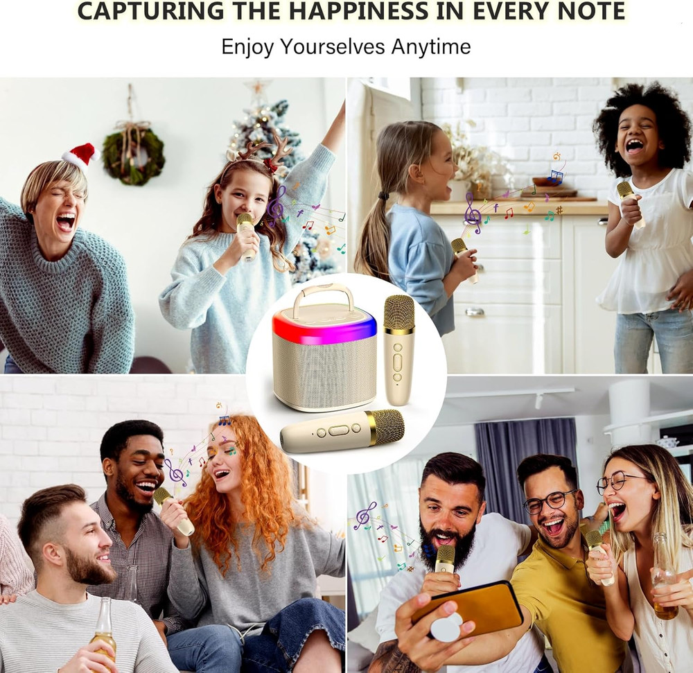 Mini Karaoke Machine for Kids, Mini Bluetooth Speaker with 2 Wireless Microphone