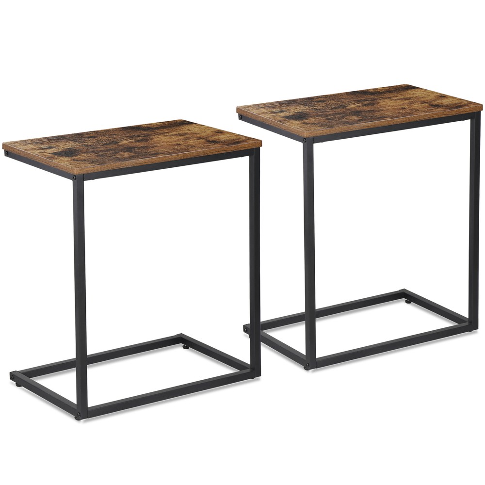 C Shaped End Table 2PCS Rustic Brown Side Table Bedside Table with Metal Frame