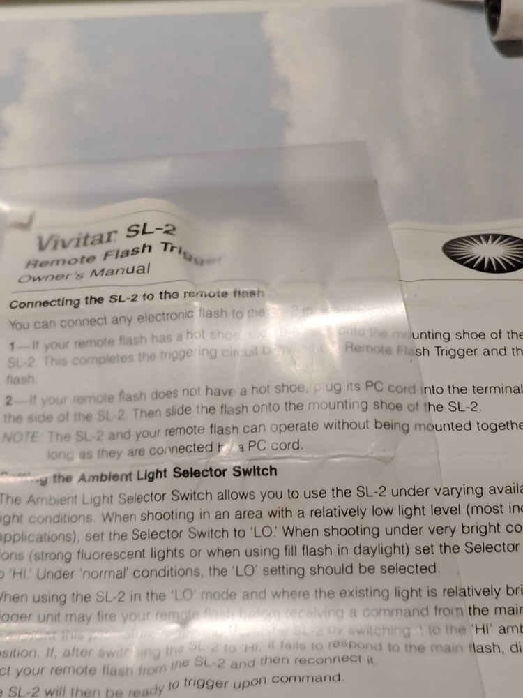 Vivitar SL 2 Flash Light Slave Remote Flash Trigger w/Instructions