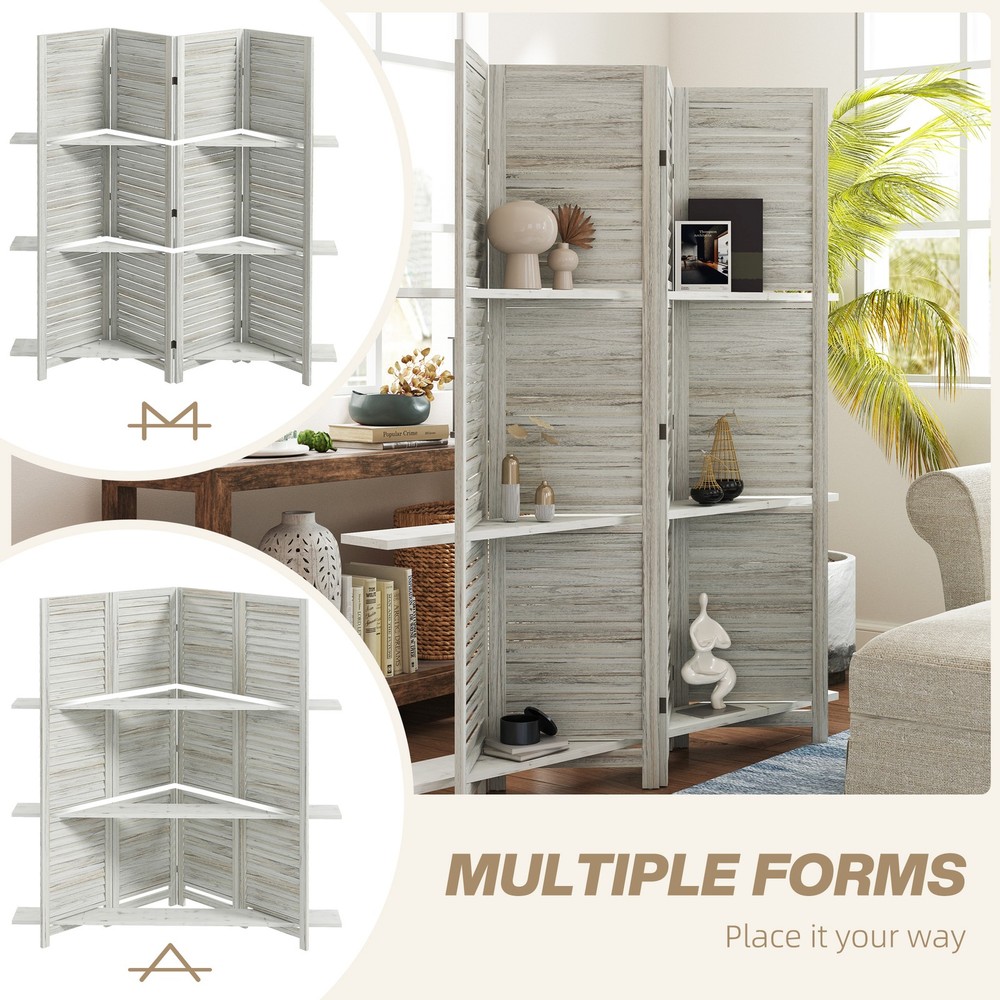4 Panel Privacy Screen, Room Divider with 3 Shelves Distressed White