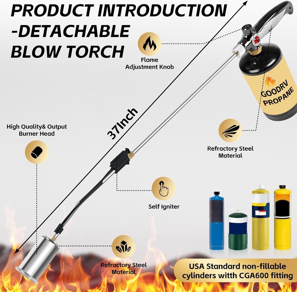 Extended High-Performance Propane Weed Burner with Safety Flame Control