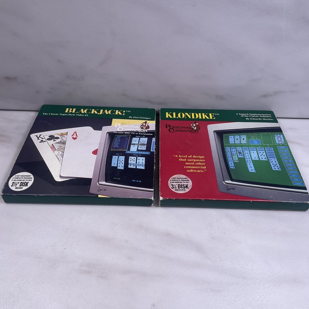 2 Vtg Computer Games BLACKJACK & KLONDIKE 3.5” Floppy Disk Original Packaging