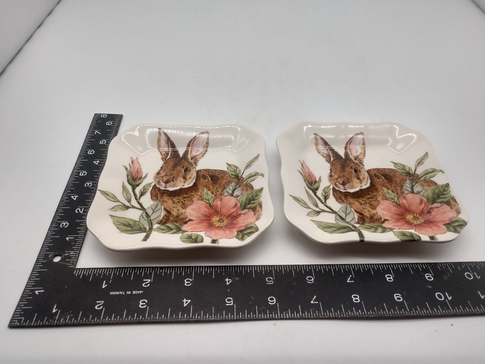 2 Floral Bunny Maxcera Ceramic Square Appetizer Plates 5 x 5 inches