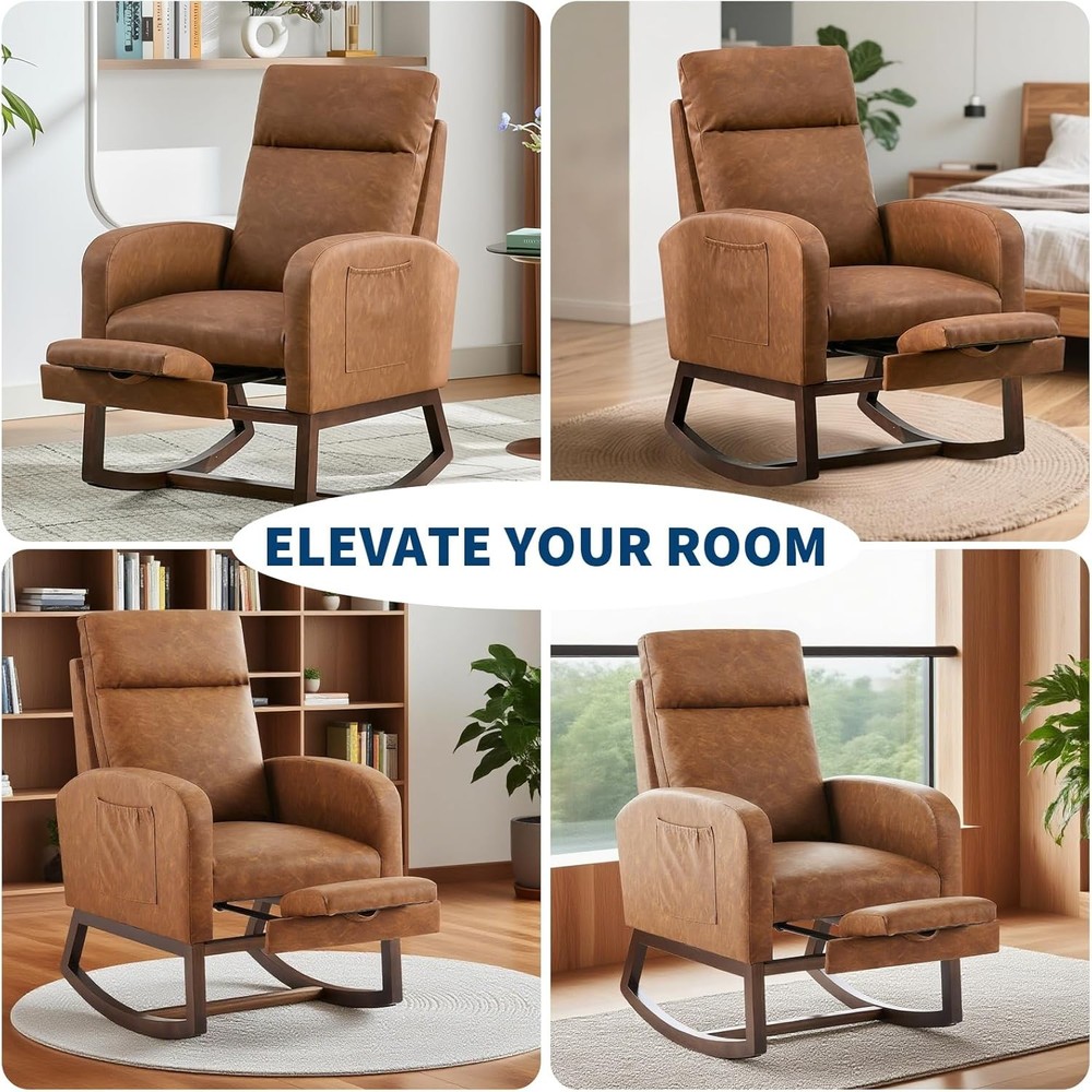 Upholstered Glider Chair with Adjustable Footrest, Walnut Frame, Relaxing & Safe