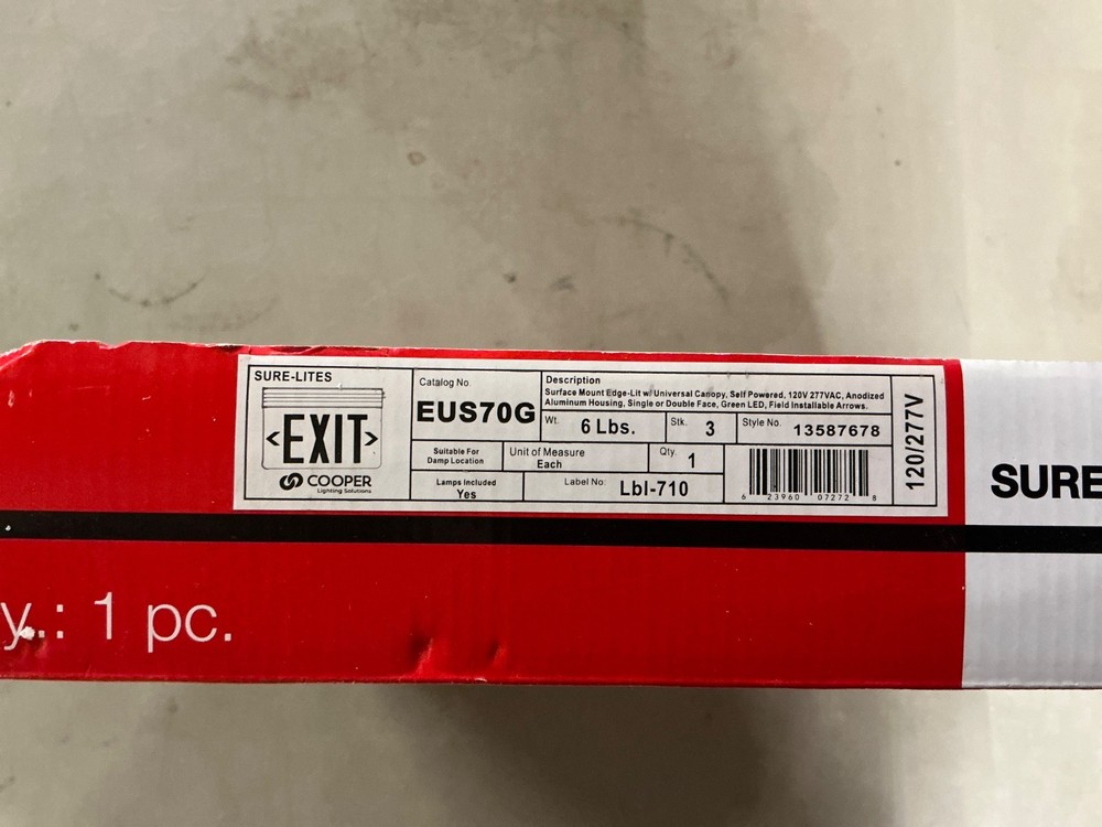 Cooper EUS70G SURE-LITES EU Series Emergency Exit Sign, Green LED
