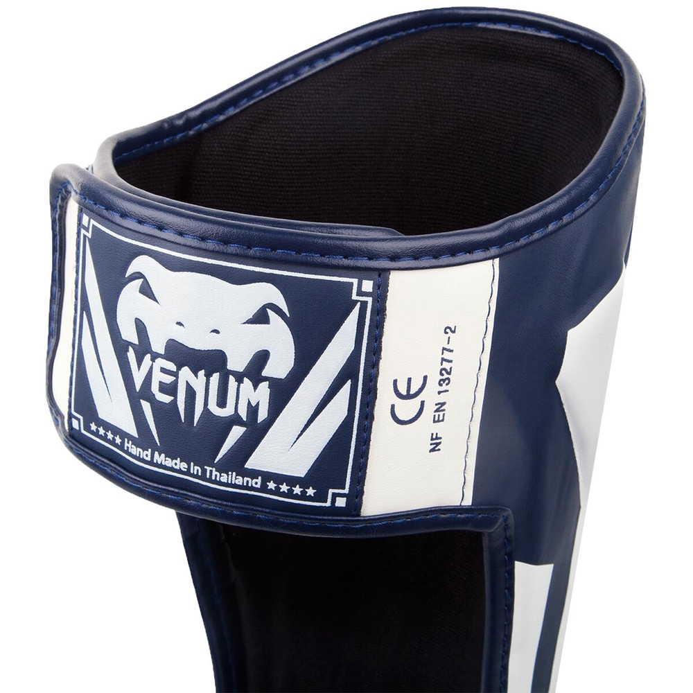 Venum Elite Lightweight Hook and Loop Shin Guards - White/Navy Blue