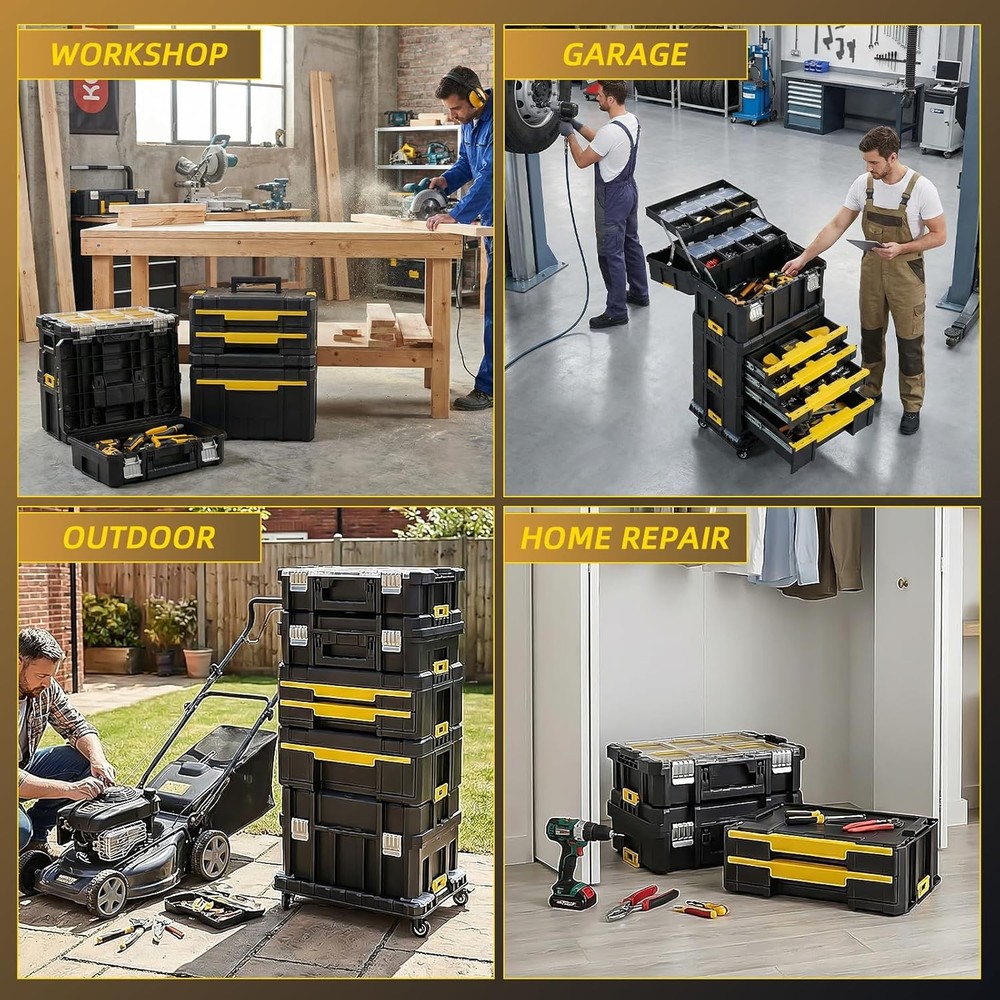 Stackable Toolbox 4 Piece Modular Rolling System Equipment Storage Garage