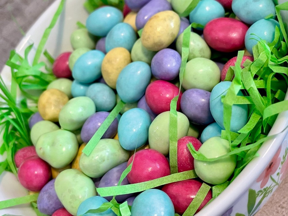 Easter M&M's Peanut Butter, Peanut & Plain with an Easter Candy Dish