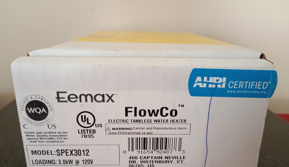 EEMAX SPEX3012 FLOW CO. ELECTRIC TANKLESS WATER HEATER 3.0KW @ 120V