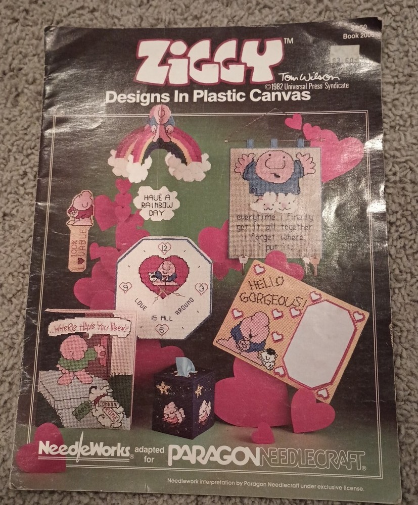 ZIGGY DESIGNS IN PLASTIC CANVAS PATTERN BOOK 1982 TISSUE BOX KEY RACK +