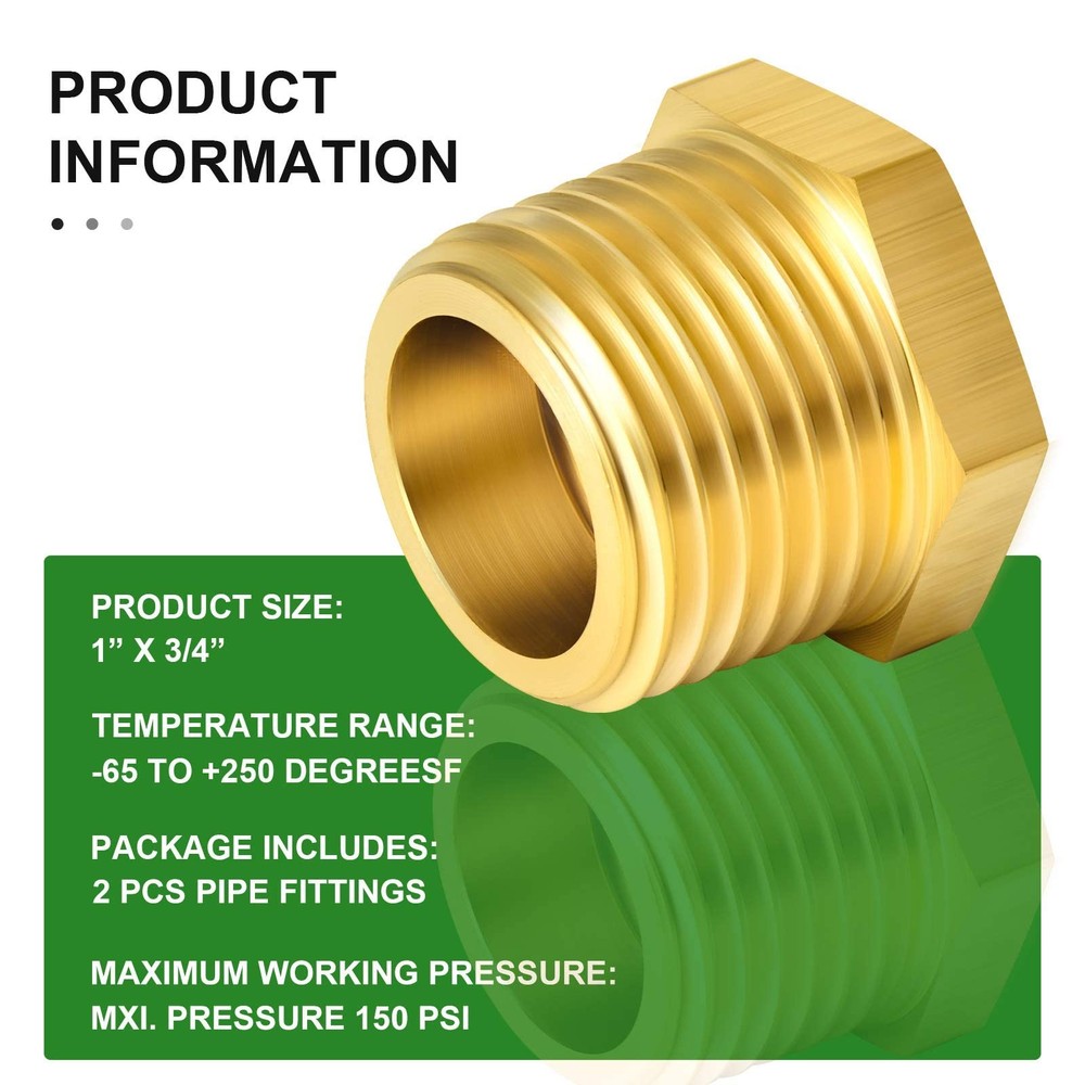 TAISHER 2PCS Brass Reducer Hex Bushing Threaded 1" MNPT x 3/4" FNPT,