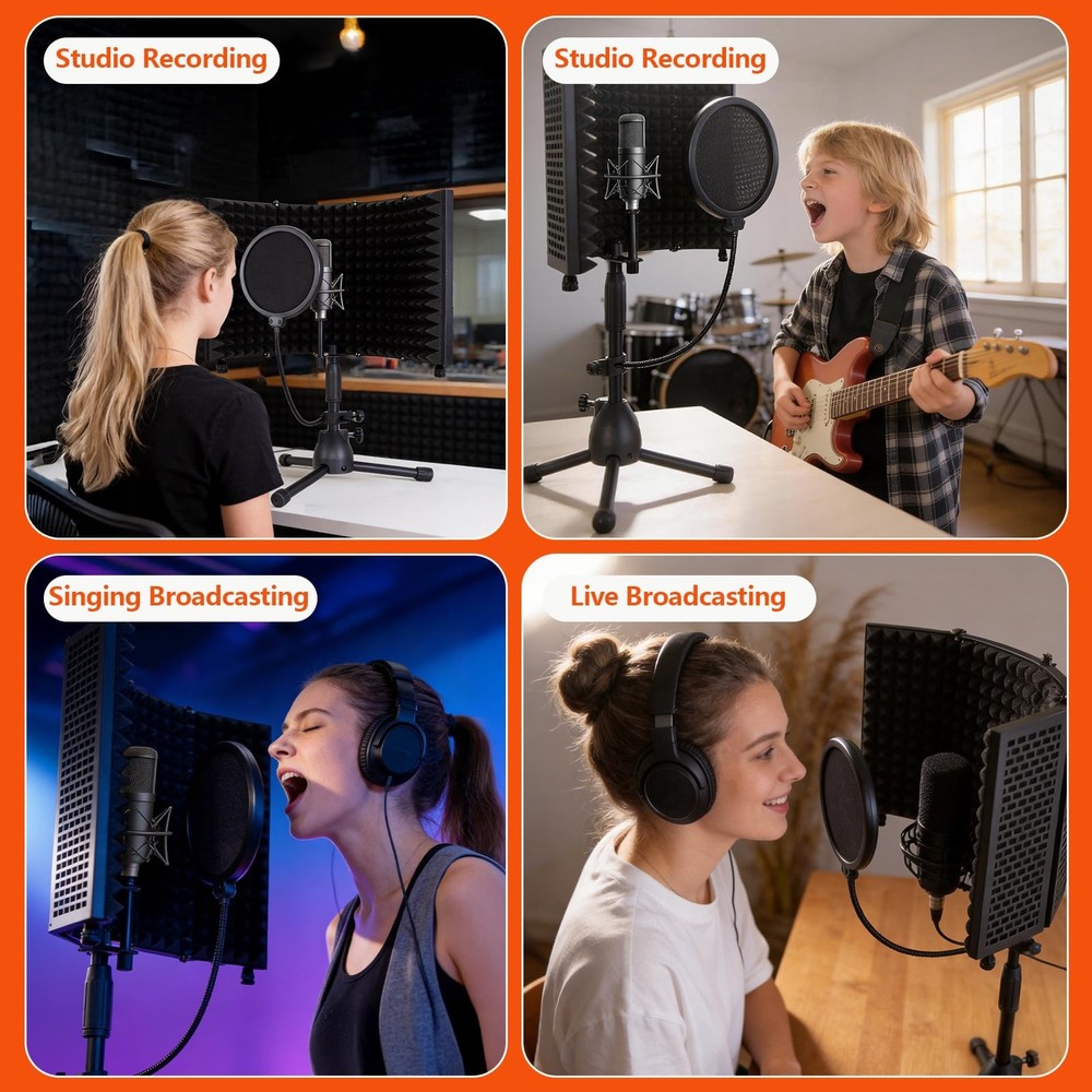 Desktop Microphone Isolation Shield with Tripod Stand Curved Panel, Foldable ...
