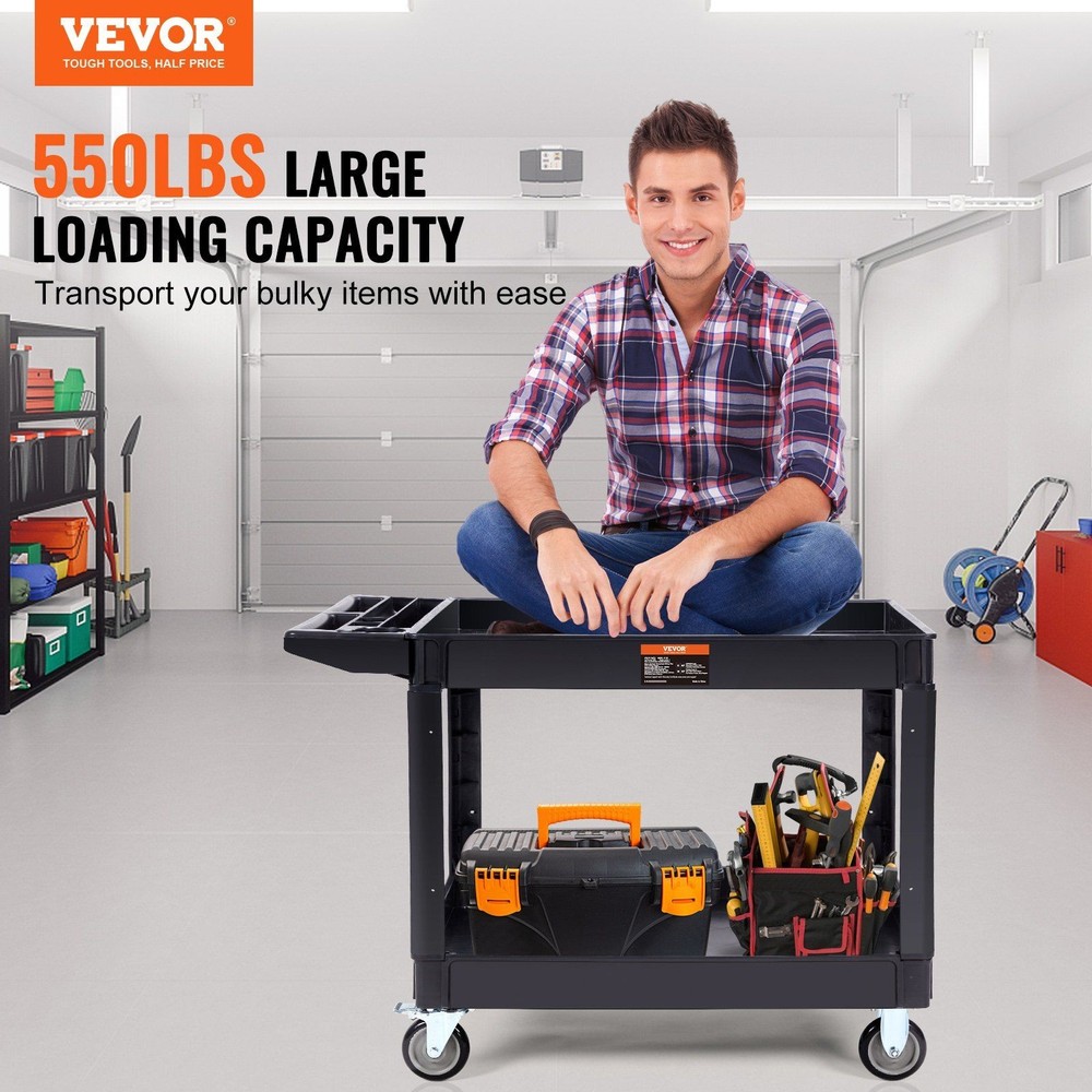 Durable 2-Tier Plastic Cart 550lb Capacity Ergonomic Handle & Storage