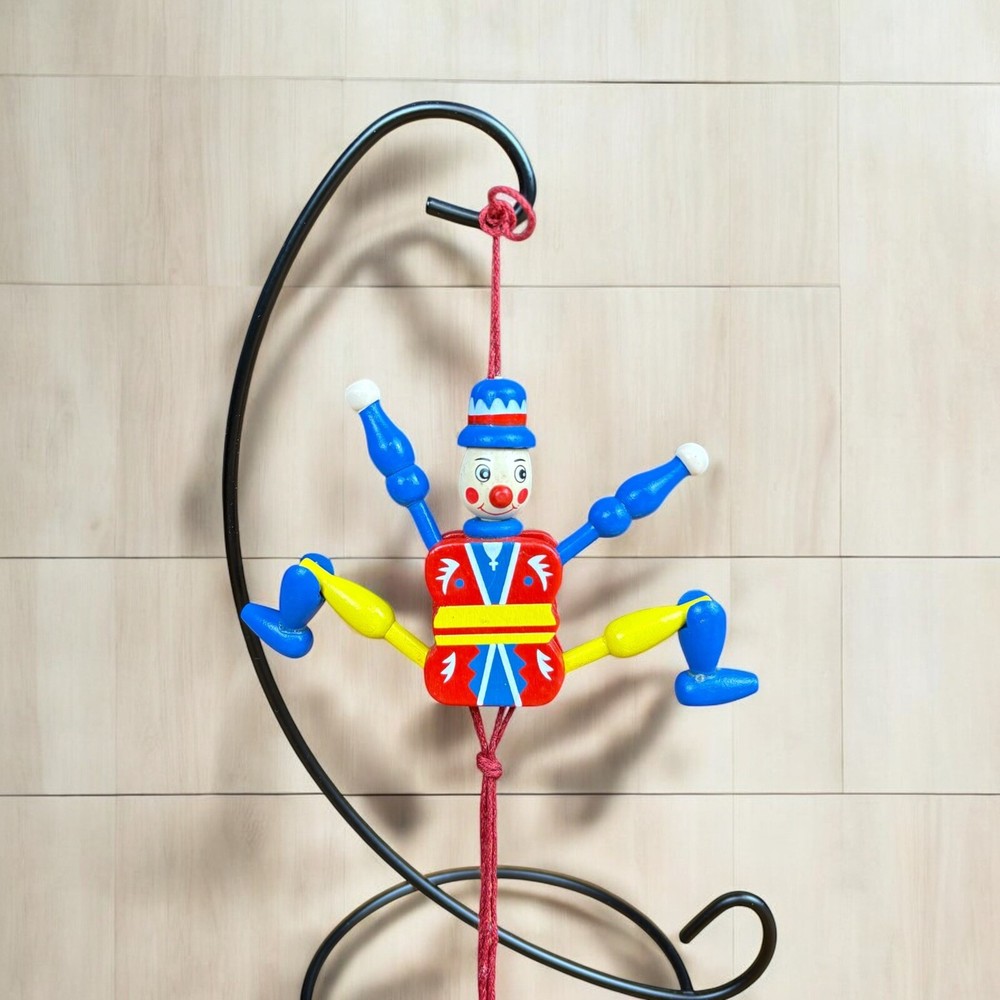 Wooden Pull String Puppet Jumping Jack Dancing Clown - VINTAGE