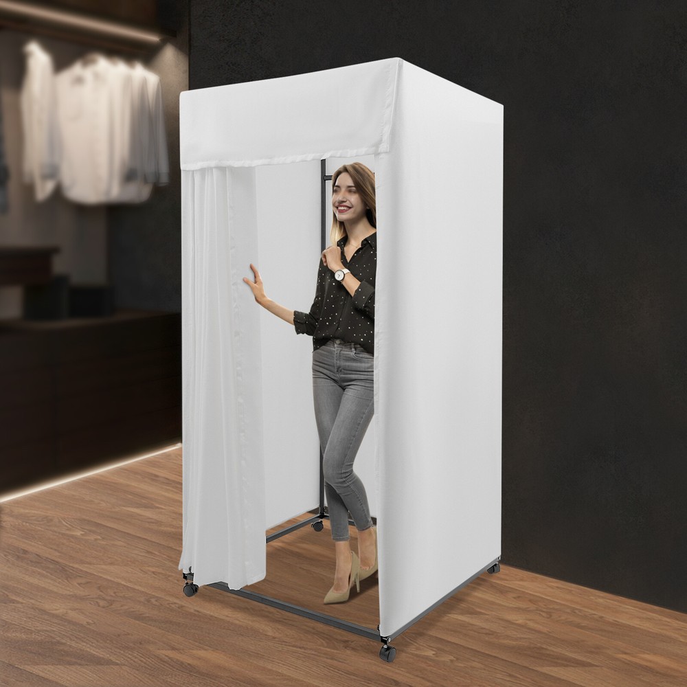 Portable Rectangular Dressing Room 4-Wheels Freestanding Movable Fitting Room